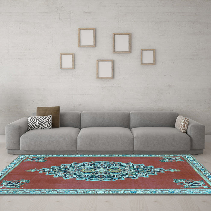Machine Washable Medallion Light Blue Traditional Rug in a Living Room, wshtr4546lblu