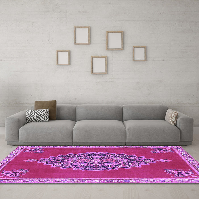 Machine Washable Medallion Purple Traditional Area Rugs in a Living Room, wshtr4546pur