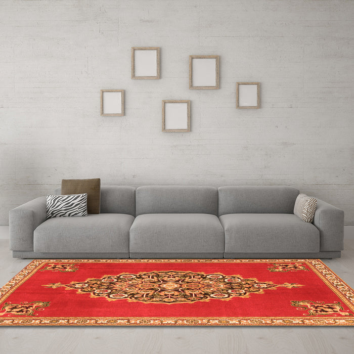 Machine Washable Medallion Orange Traditional Area Rugs in a Living Room, wshtr4546org