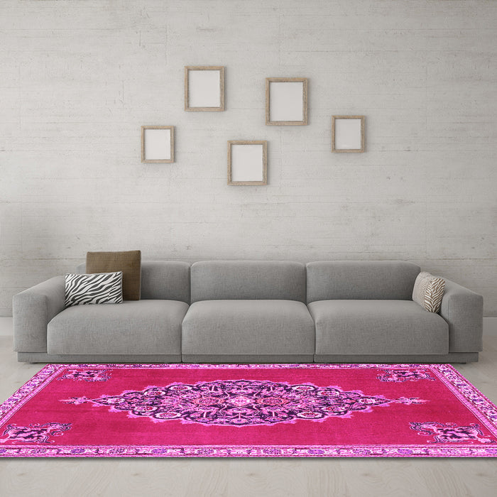 Machine Washable Medallion Pink Traditional Rug in a Living Room, wshtr4546pnk