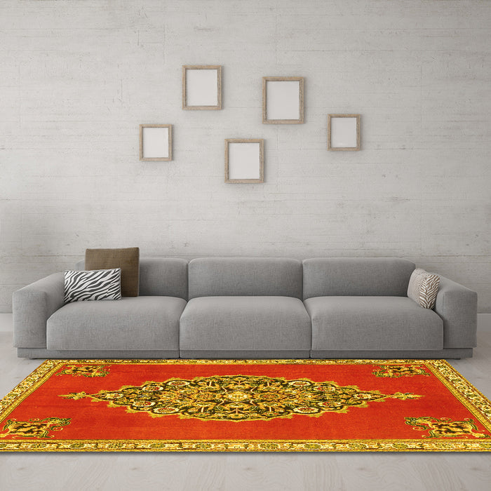 Machine Washable Medallion Yellow Traditional Rug in a Living Room, wshtr4546yw