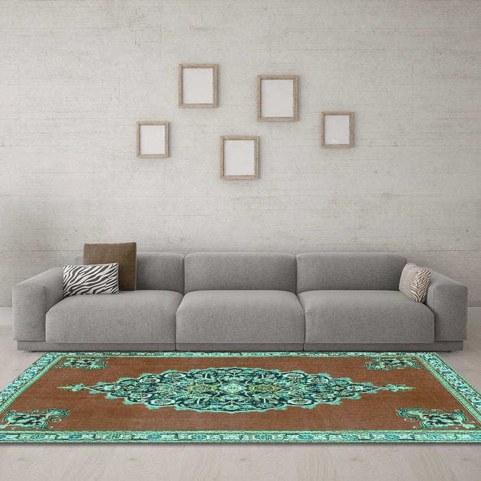 Machine Washable Medallion Turquoise Traditional Area Rugs in a Living Room,, wshtr4546turq