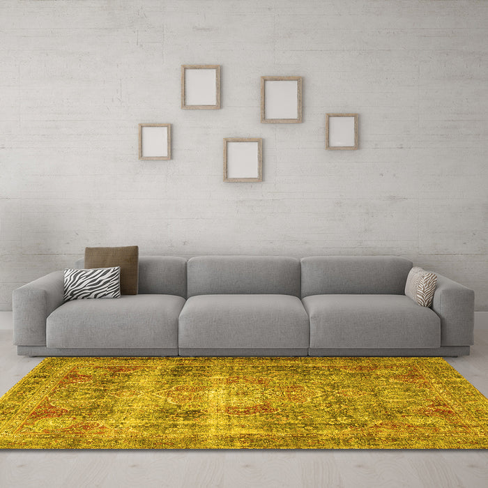 Machine Washable Medallion Yellow Traditional Rug in a Living Room, wshtr4547yw