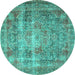 Round Machine Washable Medallion Turquoise Traditional Area Rugs, wshtr4547turq