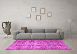 Machine Washable Medallion Pink Traditional Rug in a Living Room, wshtr4547pnk