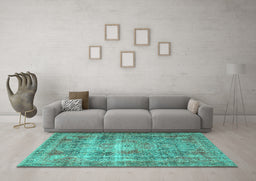 Machine Washable Medallion Turquoise Traditional Area Rugs in a Living Room,, wshtr4547turq