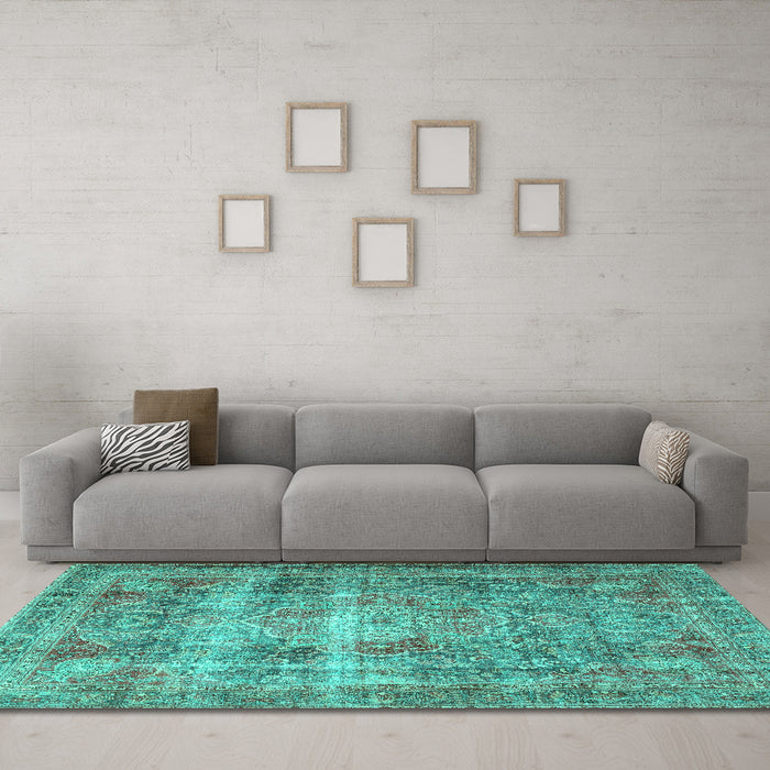 Machine Washable Medallion Turquoise Traditional Area Rugs in a Living Room,, wshtr4547turq