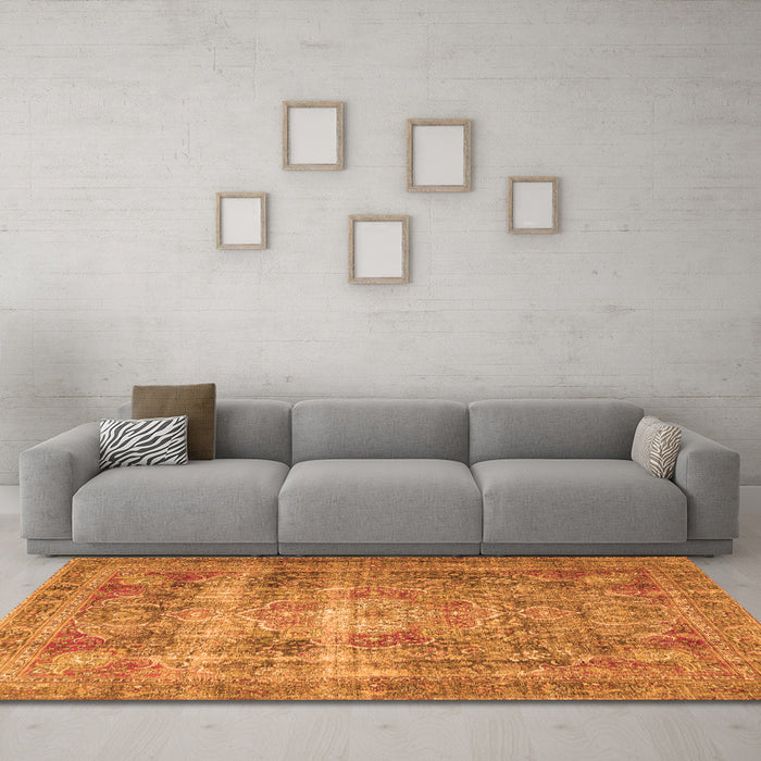 Machine Washable Medallion Orange Traditional Area Rugs in a Living Room, wshtr4547org