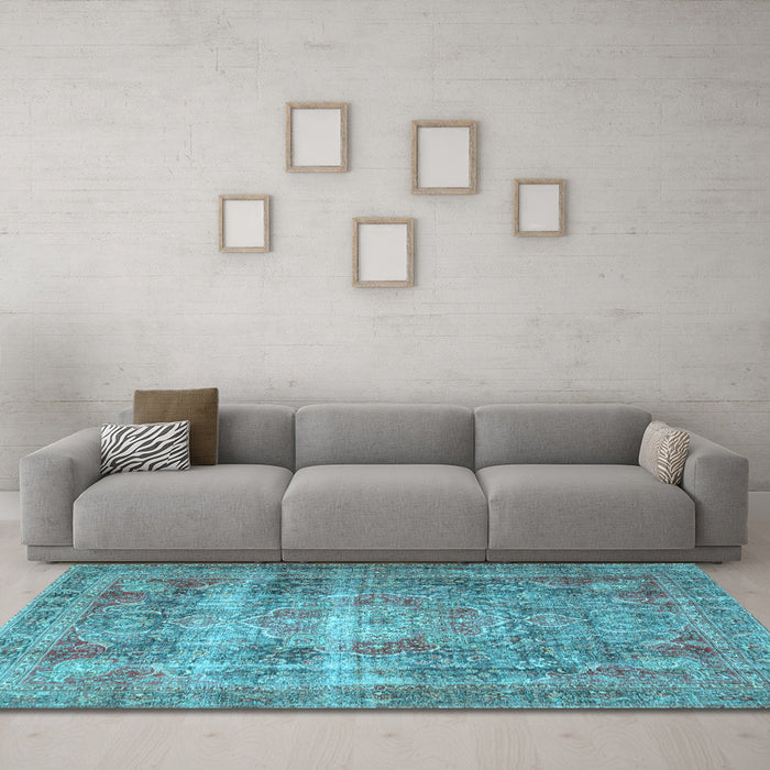 Machine Washable Medallion Light Blue Traditional Rug in a Living Room, wshtr4547lblu