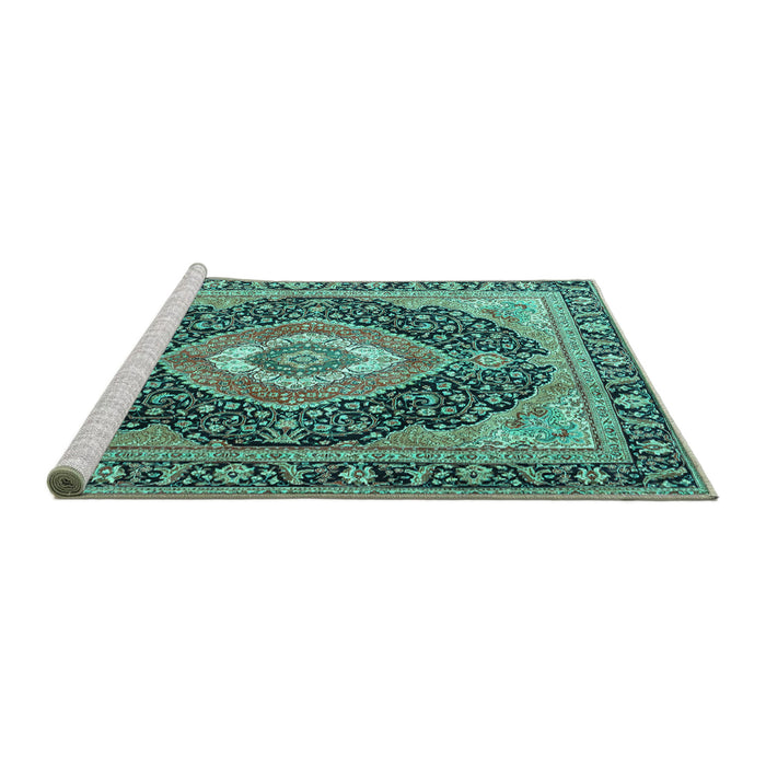 Sideview of Machine Washable Medallion Turquoise Traditional Area Rugs, wshtr4548turq