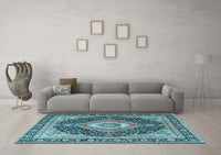 Machine Washable Medallion Light Blue Traditional Rug, wshtr4548lblu