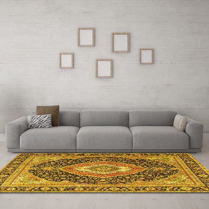 Machine Washable Medallion Yellow Traditional Rug in a Living Room, wshtr4548yw