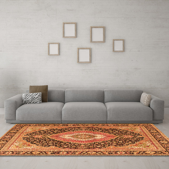 Machine Washable Medallion Orange Traditional Area Rugs in a Living Room, wshtr4548org