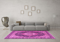 Machine Washable Medallion Pink Traditional Rug in a Living Room, wshtr4548pnk