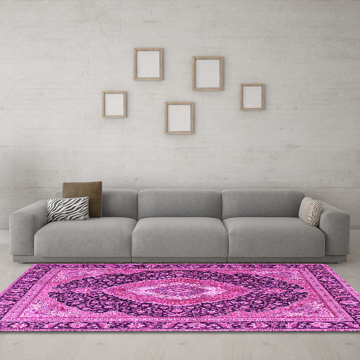 Machine Washable Medallion Pink Traditional Rug in a Living Room, wshtr4548pnk