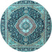 Round Machine Washable Medallion Light Blue Traditional Rug, wshtr4548lblu