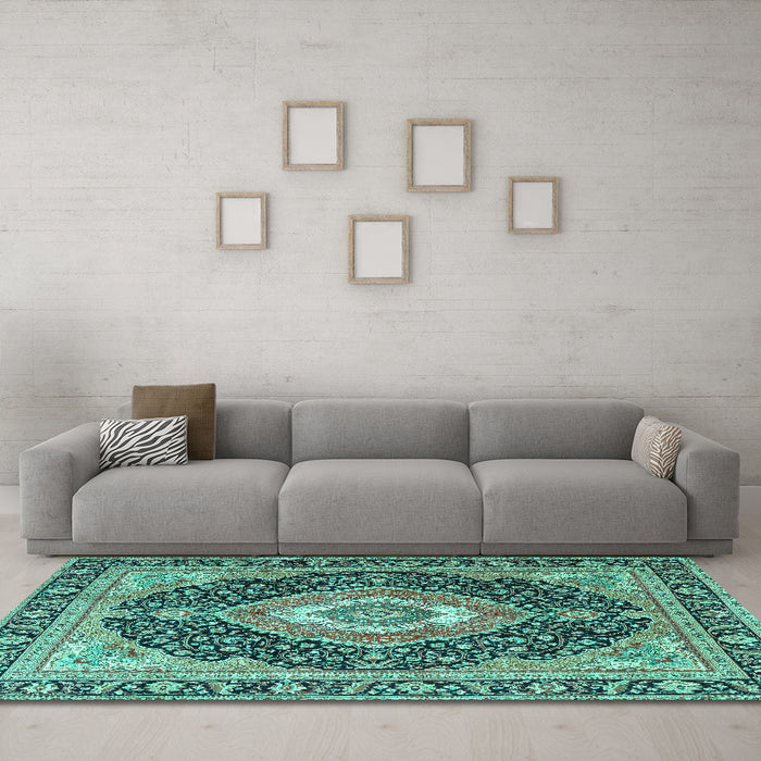Machine Washable Medallion Turquoise Traditional Area Rugs in a Living Room,, wshtr4548turq