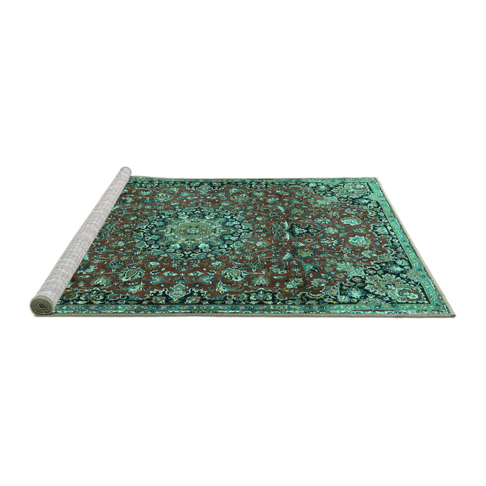 Sideview of Machine Washable Medallion Turquoise Traditional Area Rugs, wshtr4549turq