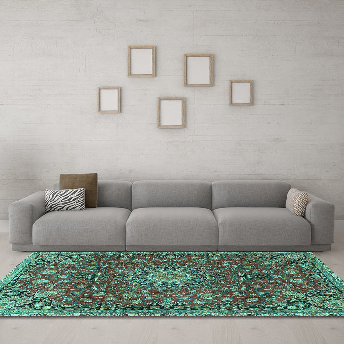 Machine Washable Medallion Turquoise Traditional Area Rugs in a Living Room,, wshtr4549turq