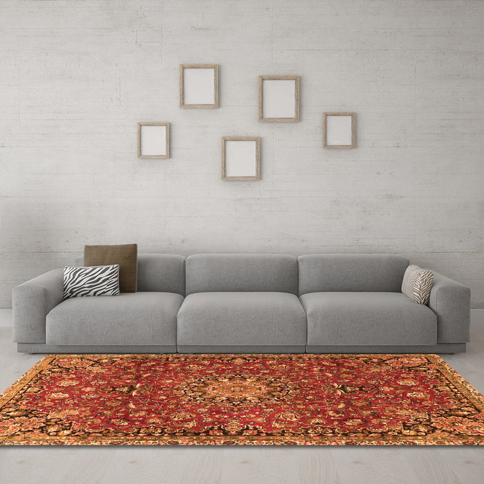 Machine Washable Medallion Orange Traditional Area Rugs in a Living Room, wshtr4549org