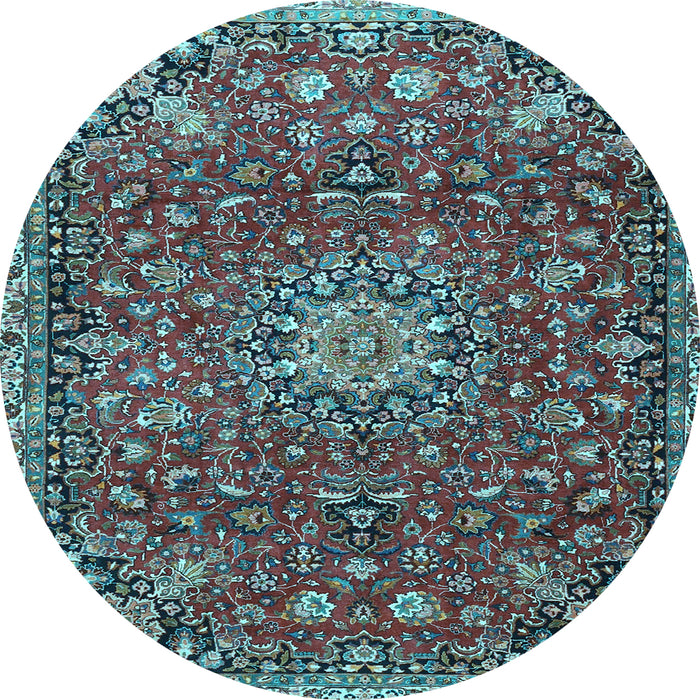 Round Machine Washable Medallion Light Blue Traditional Rug, wshtr4549lblu