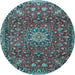 Round Machine Washable Medallion Light Blue Traditional Rug, wshtr4549lblu