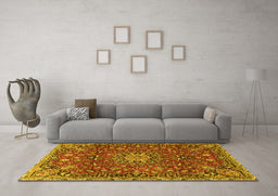 Machine Washable Medallion Yellow Traditional Rug in a Living Room, wshtr4549yw