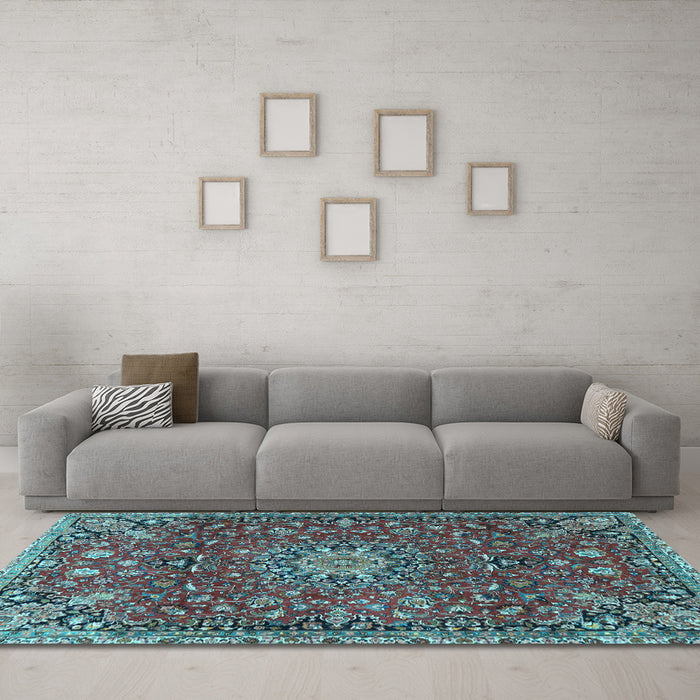Machine Washable Medallion Light Blue Traditional Rug in a Living Room, wshtr4549lblu