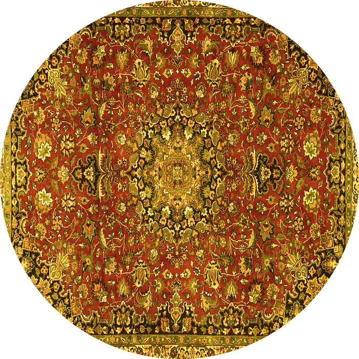 Round Machine Washable Medallion Yellow Traditional Rug, wshtr4549yw