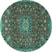 Round Machine Washable Medallion Turquoise Traditional Area Rugs, wshtr4549turq