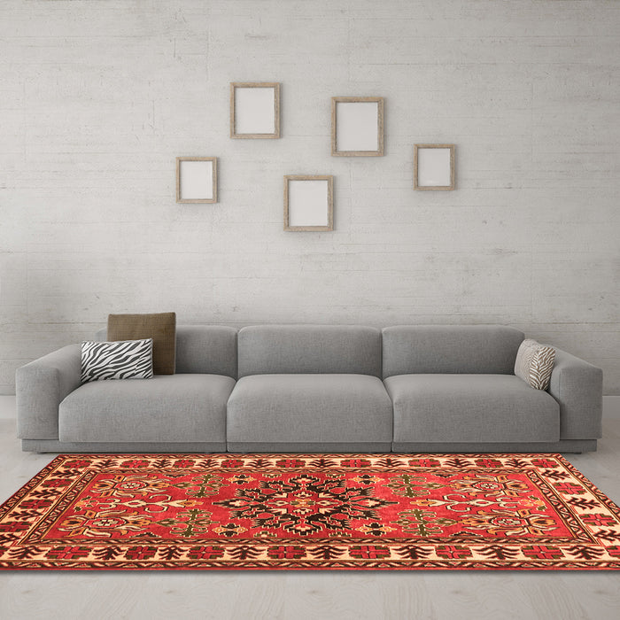 Machine Washable Geometric Orange Traditional Area Rugs in a Living Room, wshtr454org