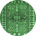 Round Geometric Emerald Green Traditional Rug, tr454emgrn