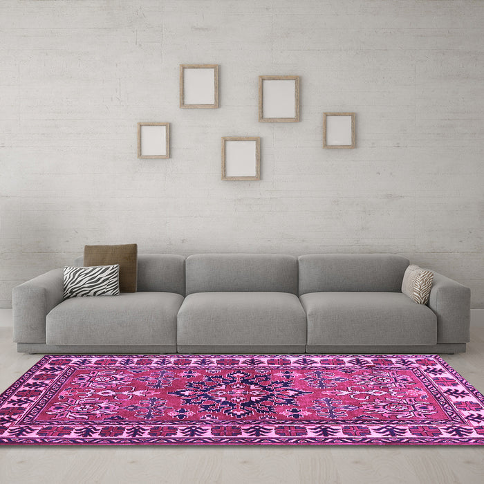 Machine Washable Geometric Purple Traditional Area Rugs in a Living Room, wshtr454pur