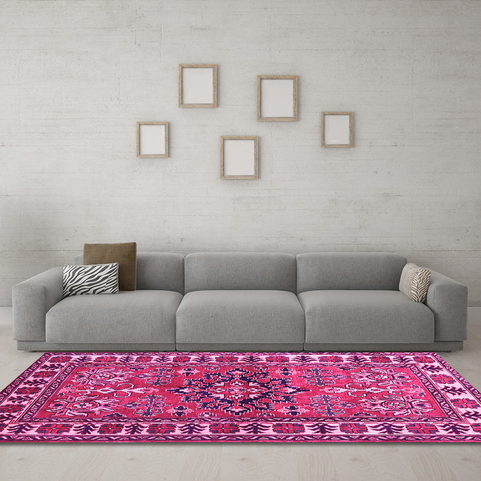 Machine Washable Geometric Pink Traditional Rug in a Living Room, wshtr454pnk