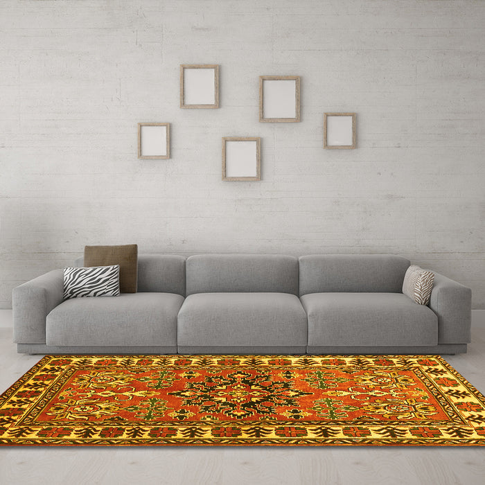Machine Washable Geometric Yellow Traditional Rug in a Living Room, wshtr454yw