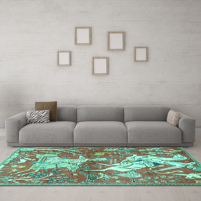 Machine Washable Animal Turquoise Traditional Area Rugs in a Living Room,, wshtr4551turq