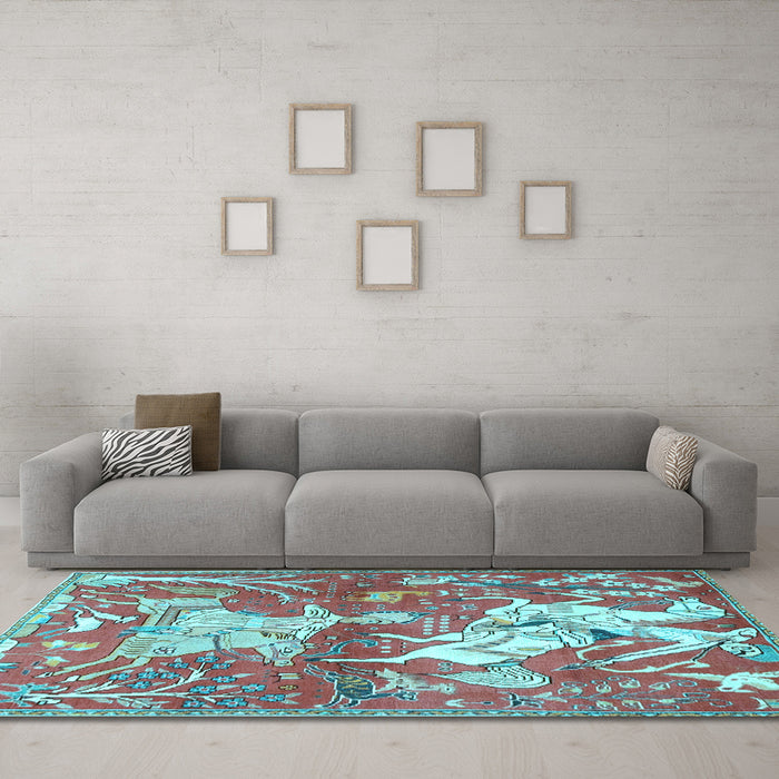 Machine Washable Animal Light Blue Traditional Rug in a Living Room, wshtr4551lblu