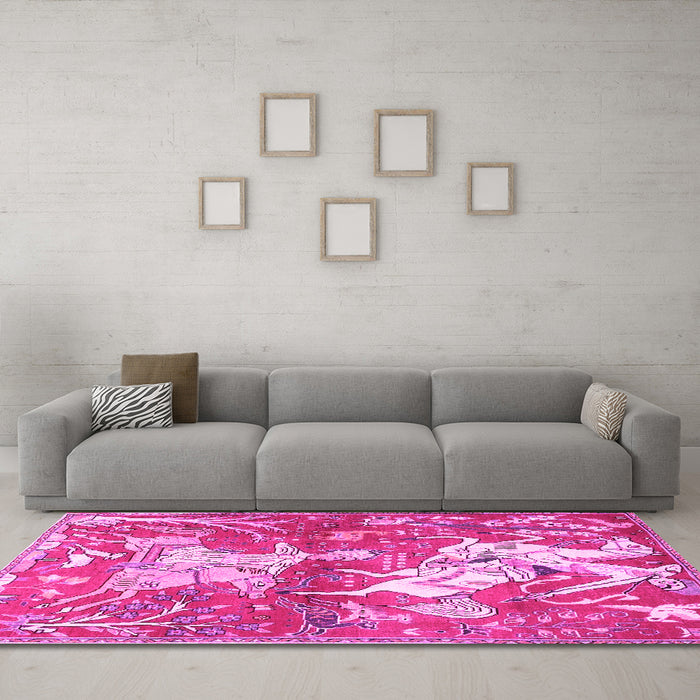 Machine Washable Animal Pink Traditional Rug in a Living Room, wshtr4551pnk