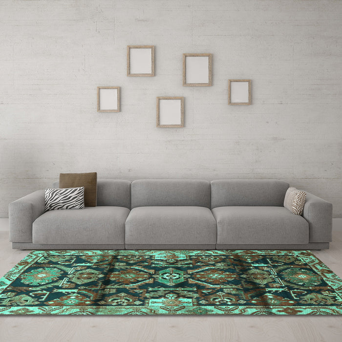 Machine Washable Persian Turquoise Traditional Area Rugs in a Living Room,, wshtr4552turq