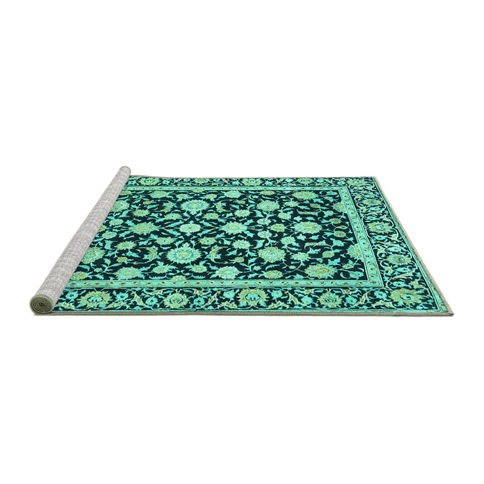Sideview of Machine Washable Persian Turquoise Traditional Area Rugs, wshtr4553turq