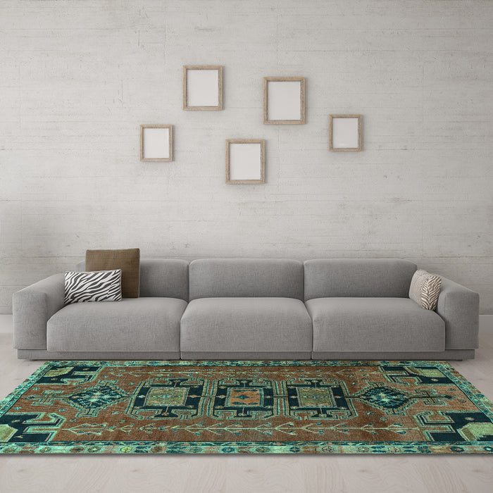 Machine Washable Persian Turquoise Traditional Area Rugs in a Living Room,, wshtr4554turq