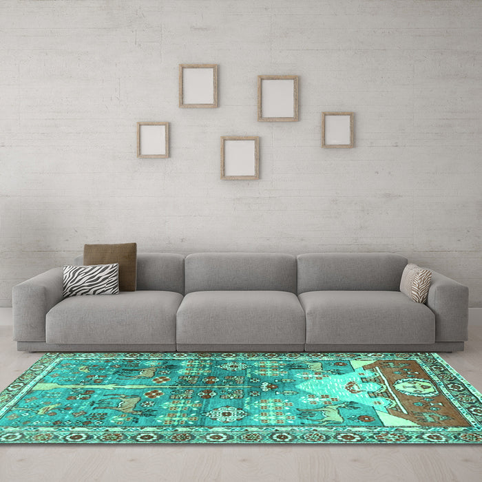 Machine Washable Persian Turquoise Traditional Area Rugs in a Living Room,, wshtr4555turq