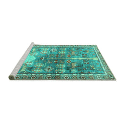 Sideview of Machine Washable Persian Turquoise Traditional Area Rugs, wshtr4555turq