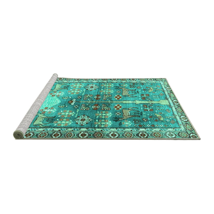 Sideview of Machine Washable Persian Turquoise Traditional Area Rugs, wshtr4555turq