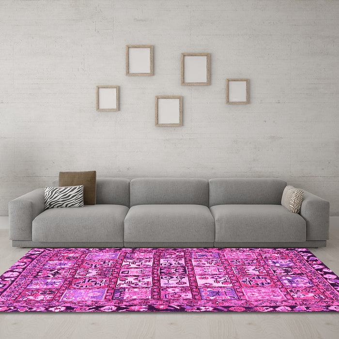 Machine Washable Persian Pink Traditional Rug in a Living Room, wshtr4556pnk