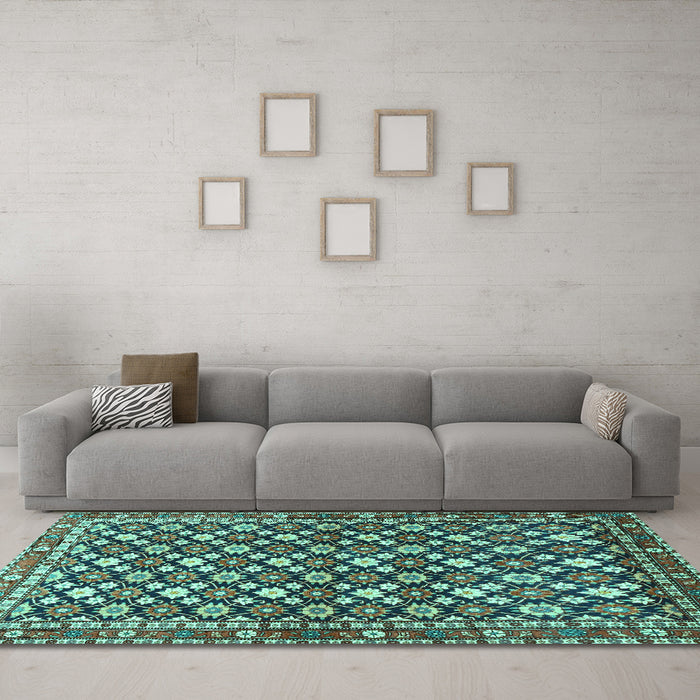Machine Washable Persian Turquoise Traditional Area Rugs in a Living Room,, wshtr4558turq