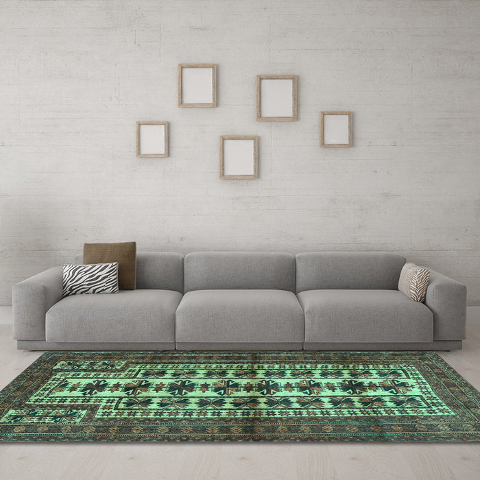 Machine Washable Persian Turquoise Traditional Area Rugs in a Living Room,, wshtr4559turq