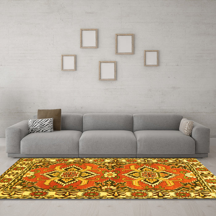 Machine Washable Geometric Yellow Traditional Rug in a Living Room, wshtr455yw