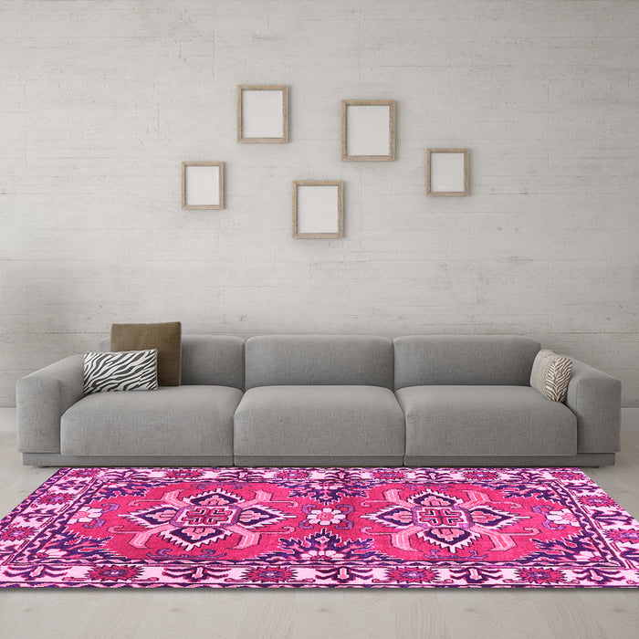 Machine Washable Geometric Pink Traditional Rug in a Living Room, wshtr455pnk