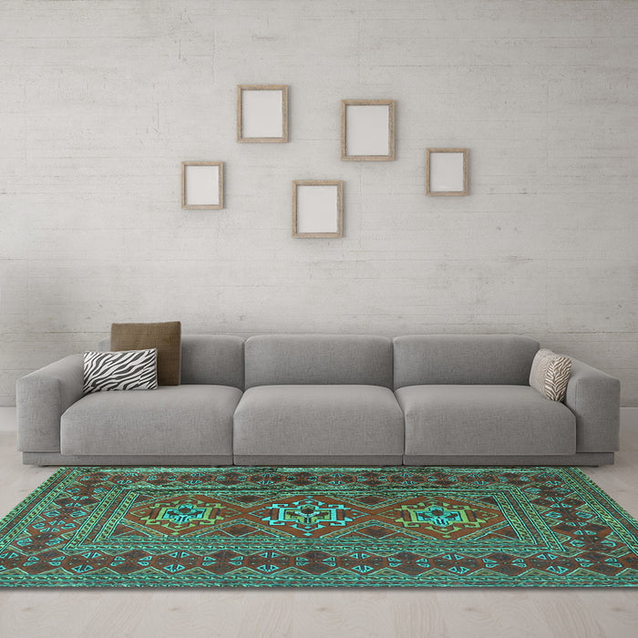 Machine Washable Persian Turquoise Traditional Area Rugs in a Living Room,, wshtr4561turq